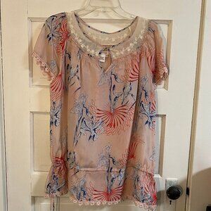 SUNDANCE SHORT SLEEVE PINK SILK FLORAL BLOUSE SIZE M